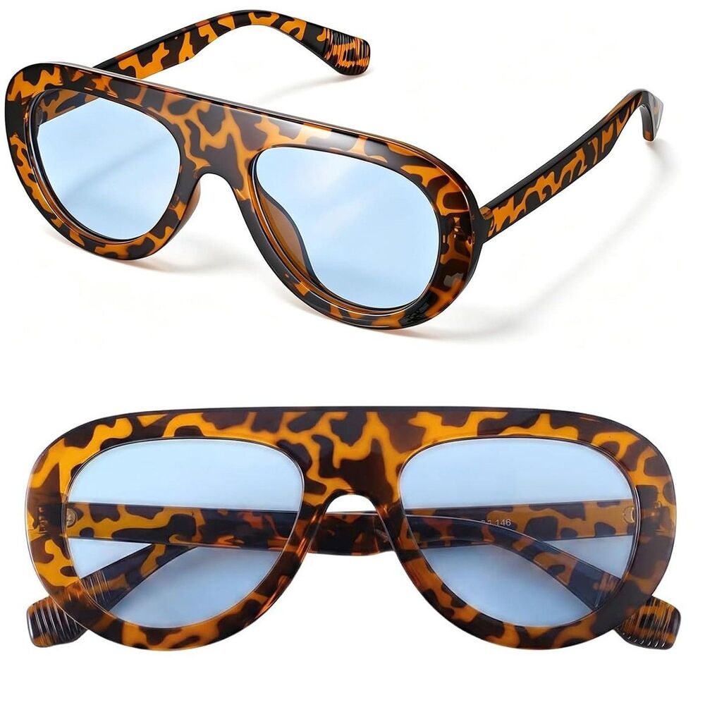 Oversized Unisex Tortoise Blue Chunky Pilot Retro 70s Fashion Style Sunglasses